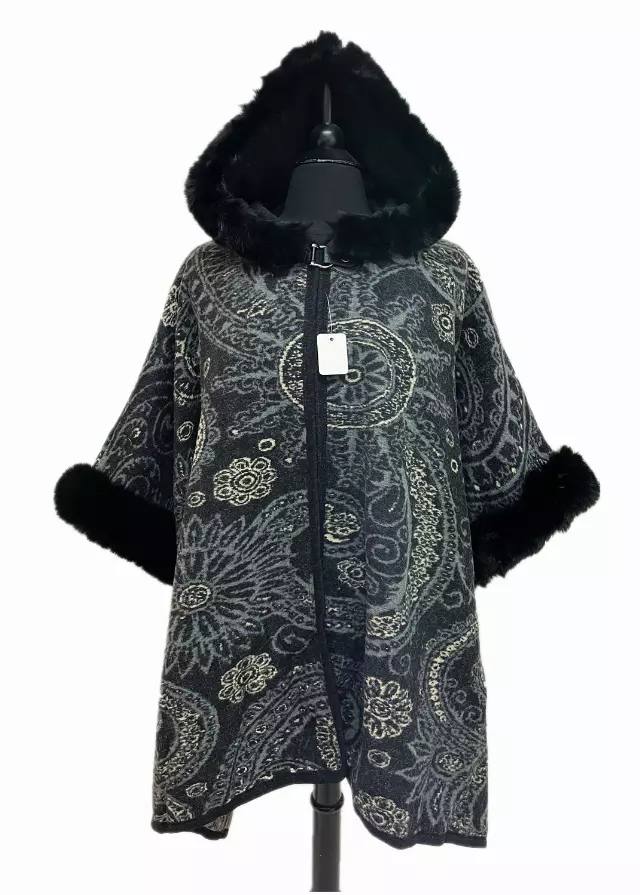 TX208 Flower and Paisley Pattern Faux Fur Cape with Hoodie — Black