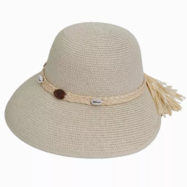 Magid Seashell Beaded Straw Frayed Brim Garden Hat — NATURAL