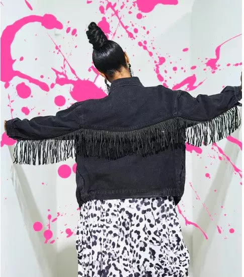 CHH-23048 - Women's Rhinestone Fringes Button Down Classic Denim Jacket - (3 pcs PRE-PACK) ($25 Each) — Regular / Black