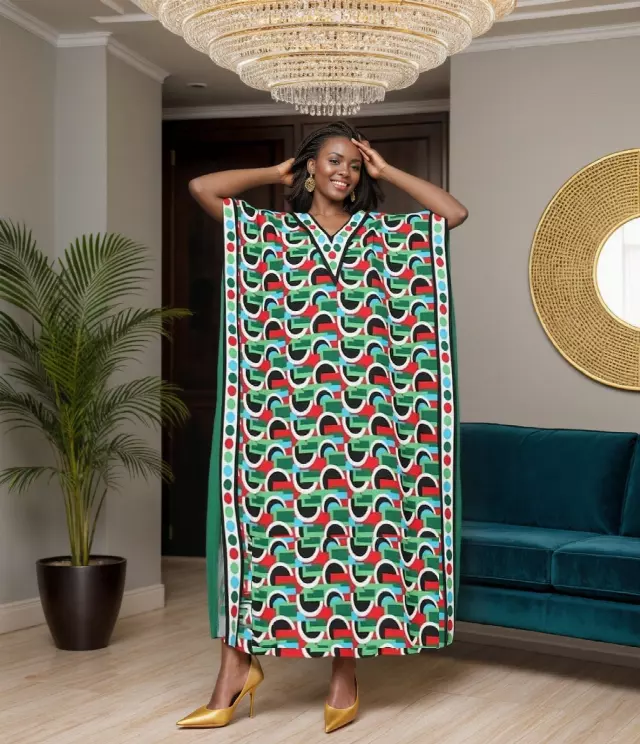 PNA-1460 - Women's Comfy Kaftan Dress with Headwrap- One Size (6-PCS PRE-PACK) - $7 Each — One Size (4-24) / Print-1460C