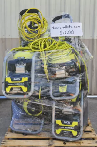 Ryobi gas pressure washer pallets · Grade A shelf pulls and tested returns