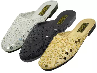 S288L - Women's "Easy USA" Hand Sequin Slide Sandals — Assorted - Black Gold & Silver (S288L-B) / 5-11 Assorted