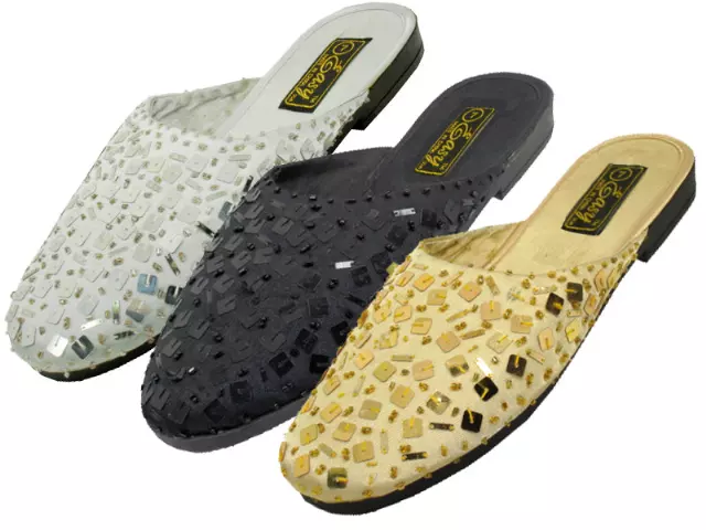 S288L - Women's "Easy USA" Hand Sequin Slide Sandals — Assorted - Black Gold & Silver (S288L-B) / 5-10 Assorted