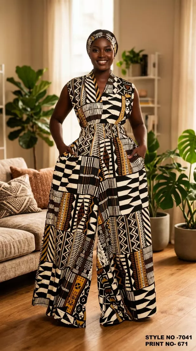7041 - African Wax Wide Leg Jumpsuit/Dress (3 PCS PRE-PACK) - $30 Each — One Size (4 - 26) / Print-671