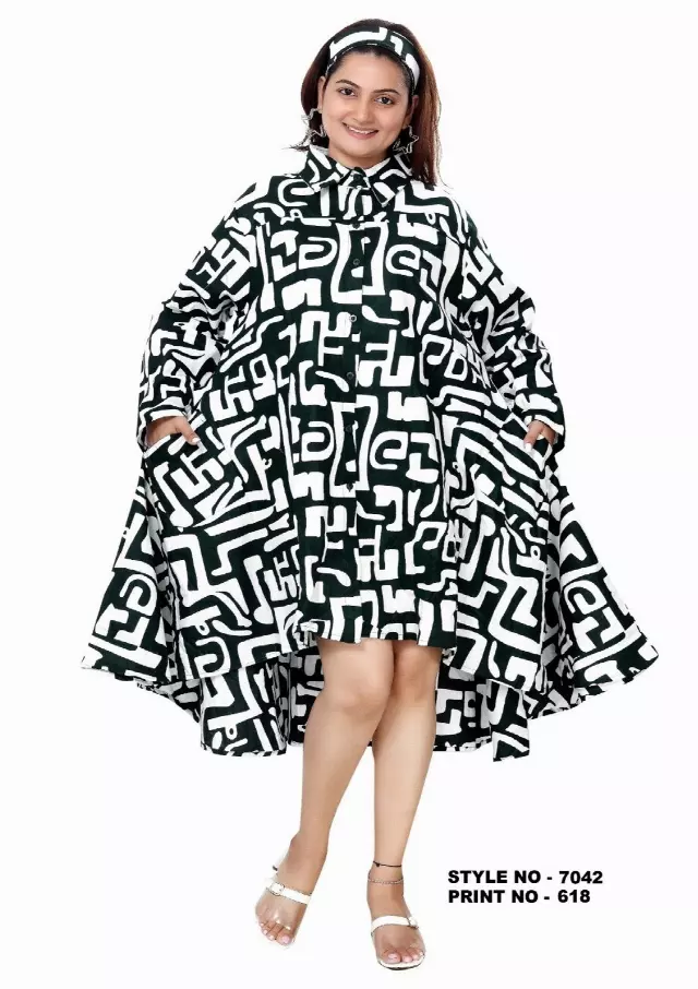 7042 - Button Down Shirt Dress in High Low Style (3 PCS PRE-PACK) - $25.00 Each — One Size (4 - 26)) / Print-618