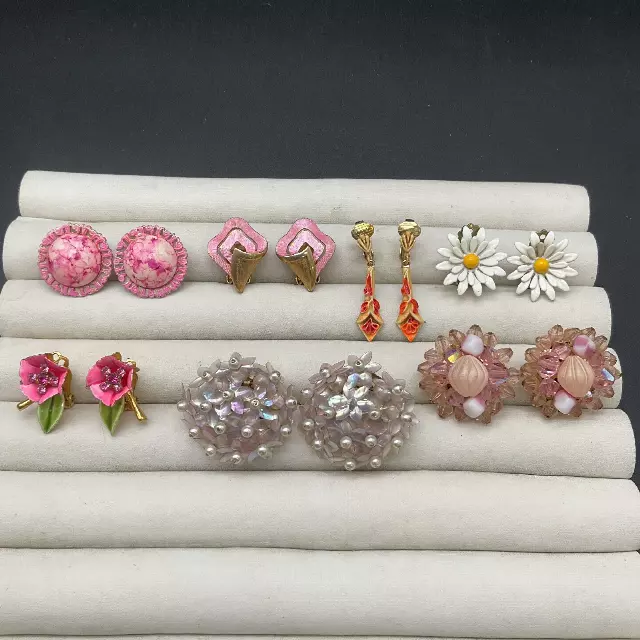 Vintage Floral Enamel Clip On Earrings Lot of 7 Pairs Mid-Century Retro Styles