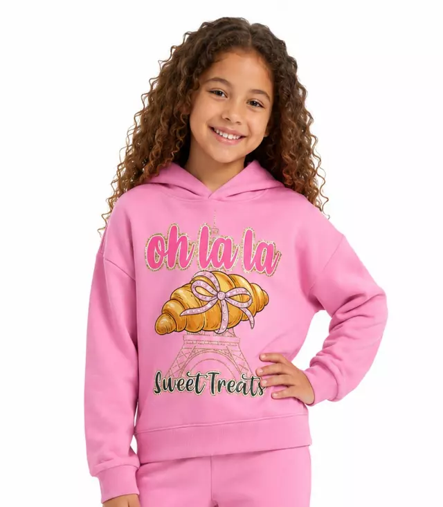 Girls Pink Sweet Treats Paris Screen W Stones Hoodie Jogger Set – 8673204