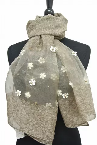 SH102 Sheer Spring Scarf with Pearl — Khaki