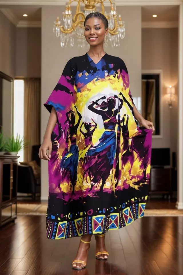 PNA-1634 - Women's Comfy Kaftan Dress with Headwrap- One Size (6-PCS PRE-PACK) - $7 Each — One Size (4-24) / Print-1634A