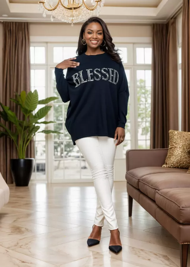 25016 - Women's "BLESSED" Embellished Round-Neck Sweater (3-PCS PRE-PACK) ($18.00 Each) — Black / One Size Fits Most