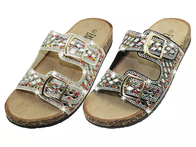 W9119L-A - Wholesale Women's "Easy USA" Beaded Rhinestones Double Buckle Slide Sandals