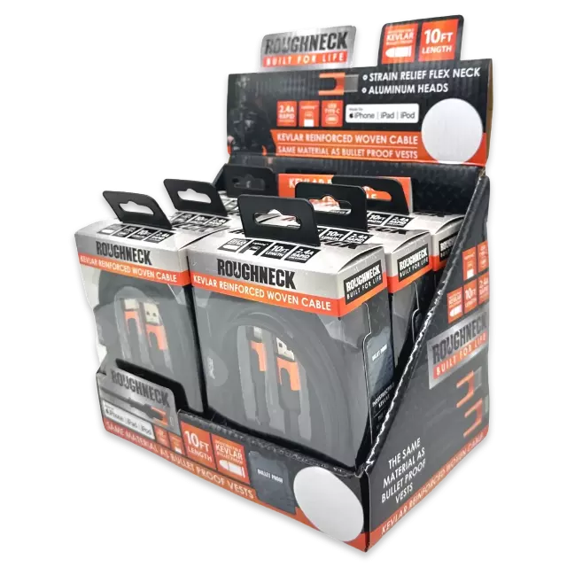Charging Cable Roughneck Cloth Assortment 10FT 2.4 Amp - 6 Pieces Per Retail Ready Display 88460