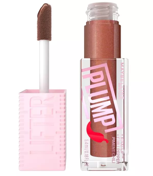 MAYBELLINE Lifter Gloss Lifter Plump, Plumping Lip Gloss with Chili Pepper and 5% Maxi-Lip, Cocoa Zing, Sheer Cool Brown, 1 Count