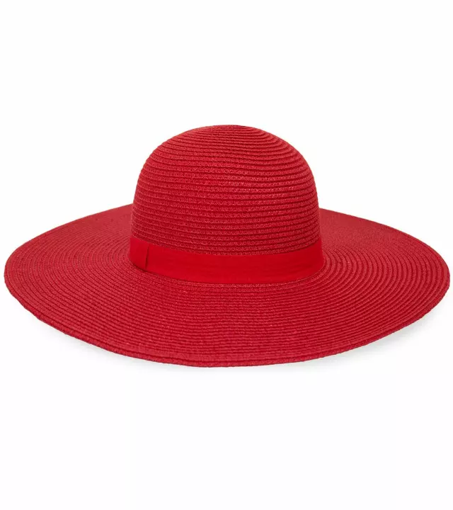 Magid Ribbon Straw Floppy Sun Hat — RED