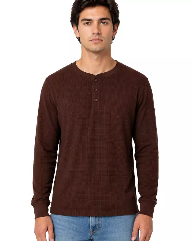 Men's Thermal Top Henley Neck #TH2 — Mocha / S-M-L-XL